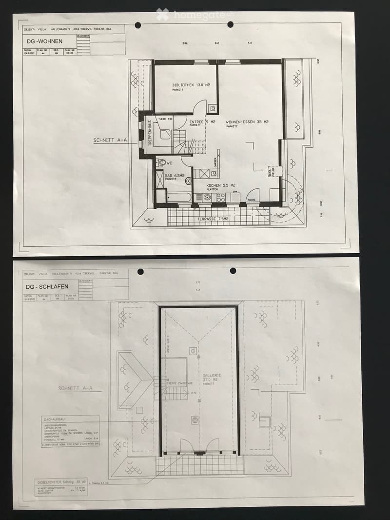 Floor plan of a villa showing two levels: top floor with living-dining area, kitchen, bathroom, library, and terrace; bottom floor with bedroom, gallery, and additional spaces.