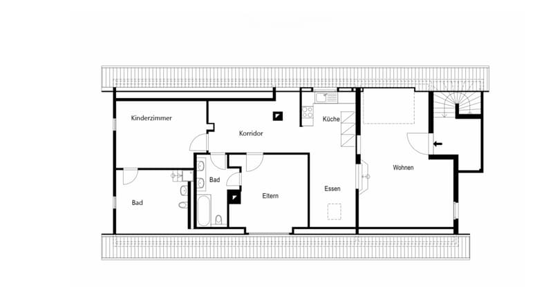 Floor plan showing a 3-bedroom apartment with two bathrooms, kitchen, living and dining areas, and a hallway.