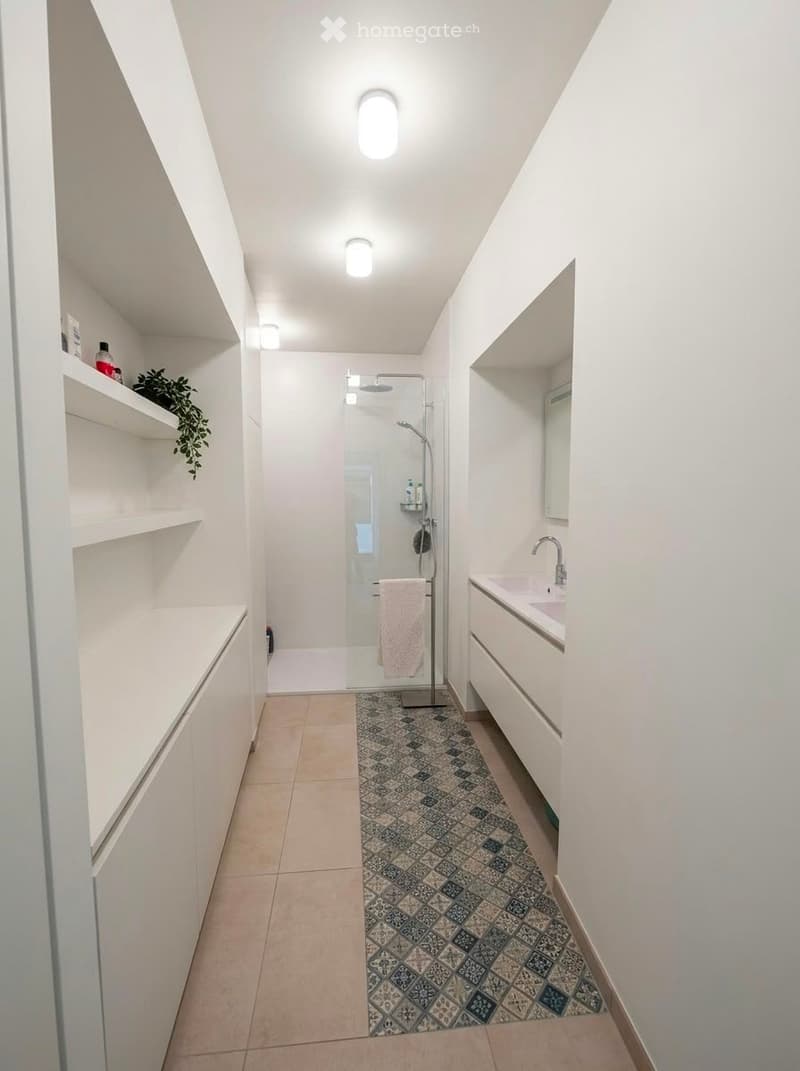 Modern bathroom with white walls, a glass-enclosed shower, a sink with a mirror, built-in shelves, and a decorative tile floor.