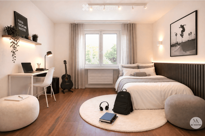 Modern bedroom with a large bed, desk with laptop, guitar, round rug, and decorative items.