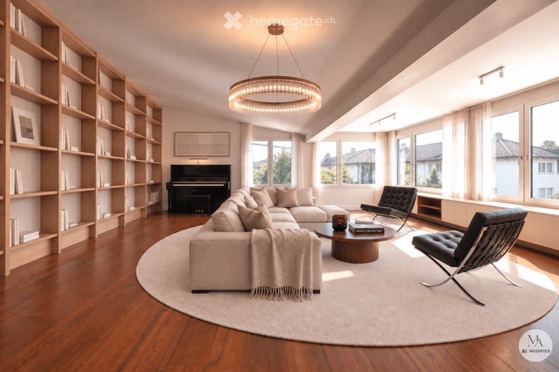 Modern living room with large windows, a sectional sofa, coffee table, chairs, piano, bookshelf, and a round rug.