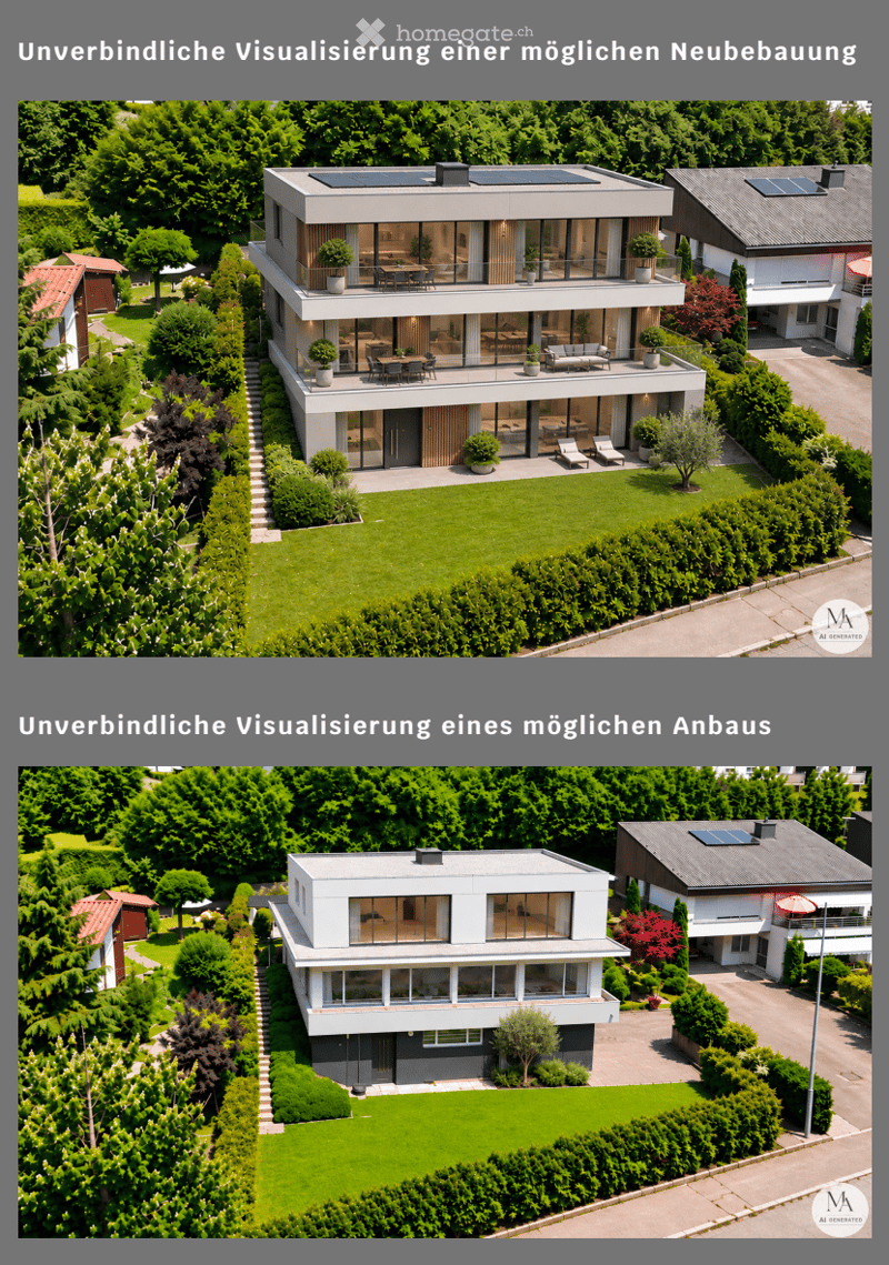 Aerial view of a modern two-story house with large windows, a balcony, and a well-maintained garden.