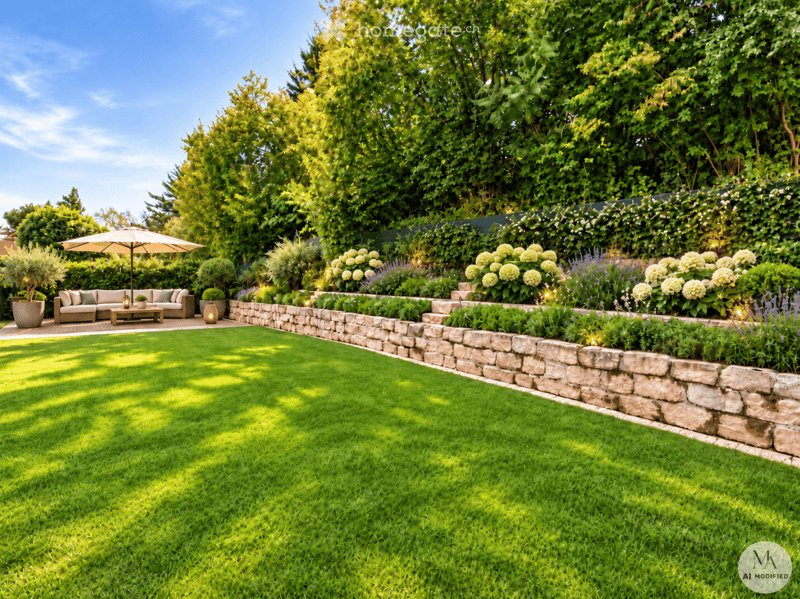 Well-maintained garden with a neatly trimmed lawn, stone retaining wall, various flowering shrubs, and a seating area with a sofa, coffee table, and umbrella.
