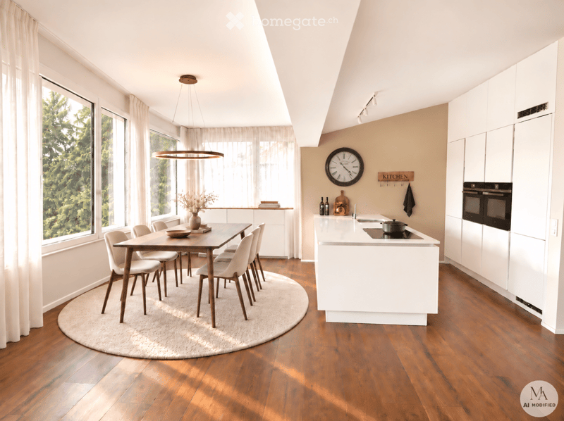 Modern kitchen with white cabinets, wooden flooring, and a central island. A dining area with a wooden table and white chairs is adjacent, featuring a round rug and a vase with flowers. Large windows provide natural light, and a pendant light hangs above