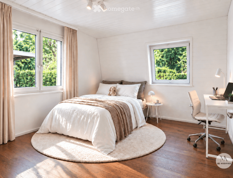 Bright bedroom with wooden floors, large windows, a neatly made bed with pillows and a blanket, a nightstand with a lamp, a desk with a chair, and a laptop. A round rug is placed under the bed.