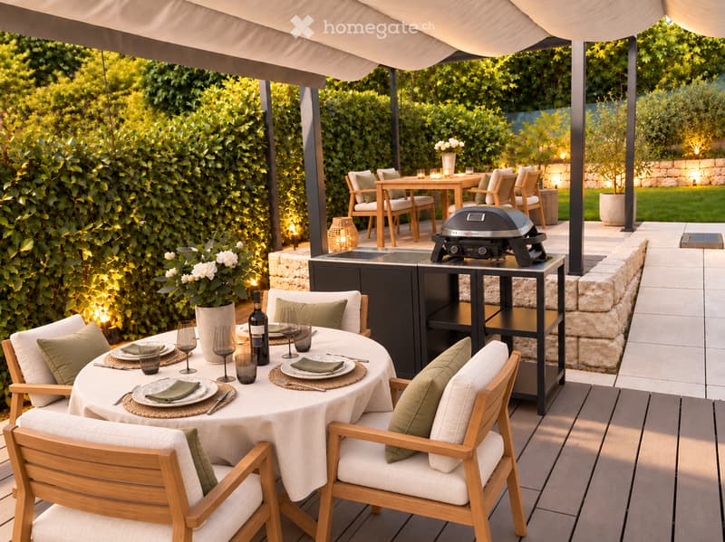 Elegant outdoor dining area with a round table set for six, surrounded by wooden chairs with beige cushions, a grill station, and ambient lighting. The setting includes a lush green hedge backdrop and a stone wall, creating a serene and inviting atmospher