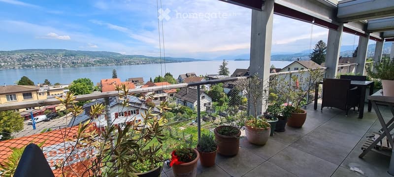 Balcony with a scenic view of a lake and surrounding town, featuring a table, chairs, and several potted plants.