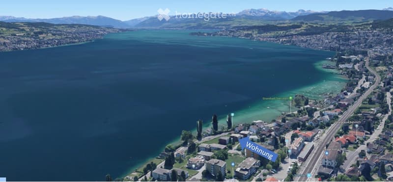Aerial view of a residential area near a large lake with surrounding mountains, featuring houses, roads, and labeled points of interest.