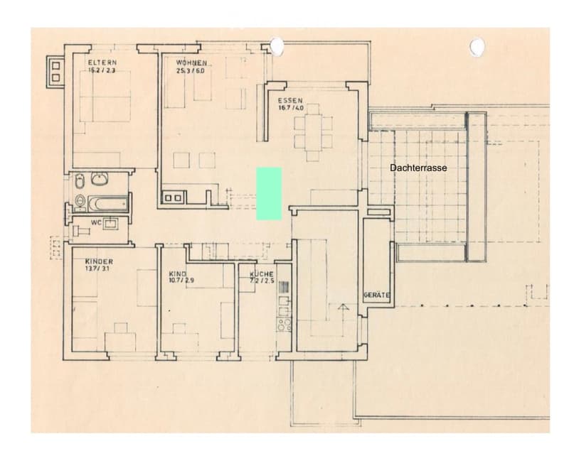Floor plan showing multiple rooms including living area, dining area, kitchen, bedrooms, and a rooftop terrace.