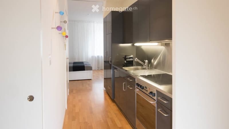 Modern, compact studio apartment with a combined living and sleeping area and a kitchenette. Features a bed, kitchen cabinets, sink, stove, and oven.