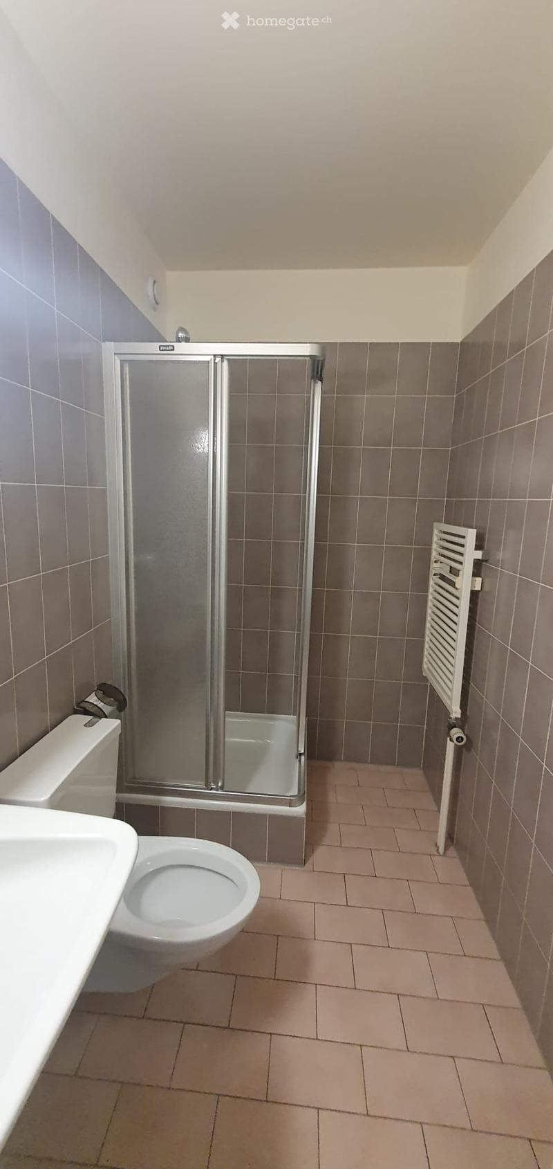 Modern bathroom with tiled walls, a toilet, a sink, a shower enclosure, and a radiator.
