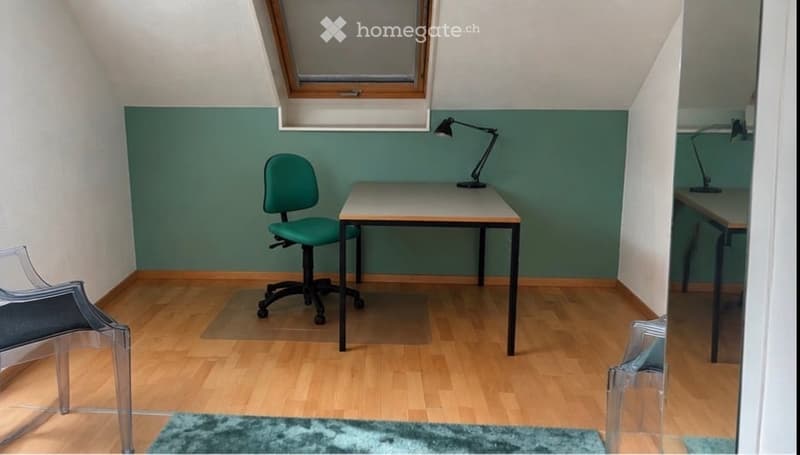 A small, furnished room with a desk, chair, and lamp. The room features wooden flooring, a green accent wall, and a skylight window above the desk.