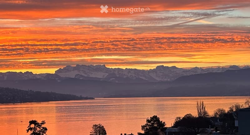 Panoramic view of a lake and snow-capped mountains at sunset, with trees and buildings in the foreground.