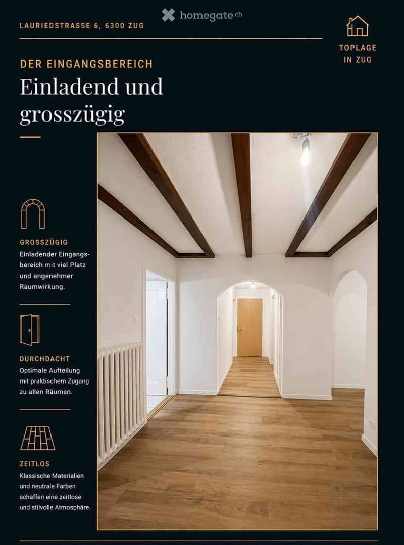 Empty hallway with wooden flooring, white walls, and exposed wooden beams on the ceiling. Features a single wooden door at the end and a radiator on the left side.