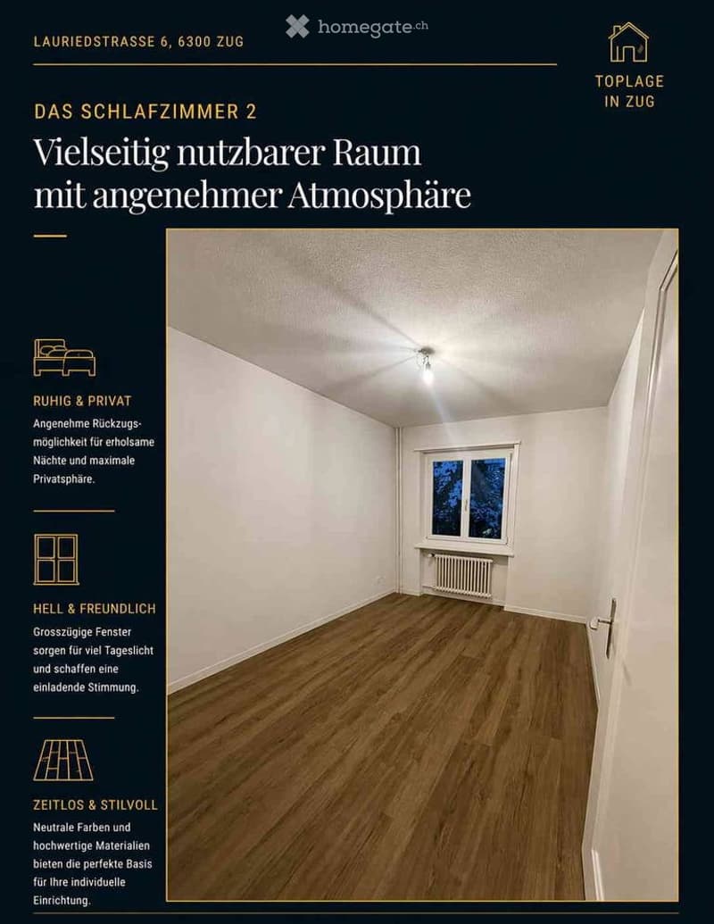 Empty bedroom with wooden flooring, white walls, a single window, and a radiator. No furniture or personal items are present.