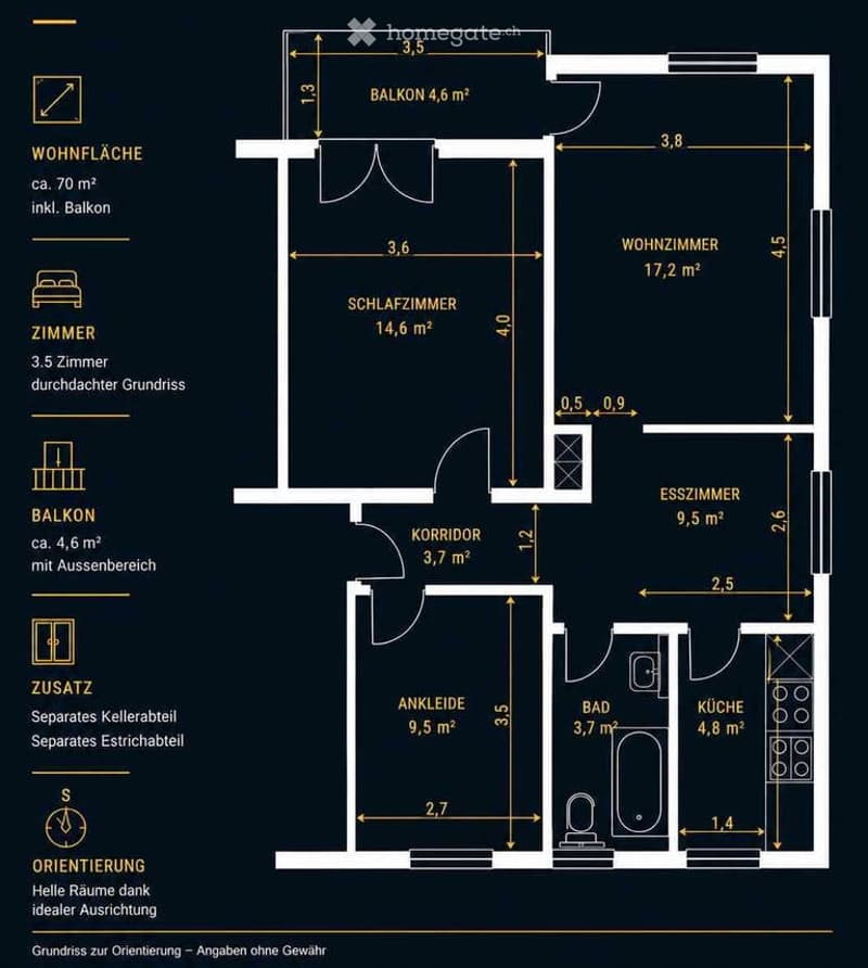 Floor plan of a 3.5-room apartment with a balcony, living room, bedroom, dining room, kitchen, bathroom, and hallway.