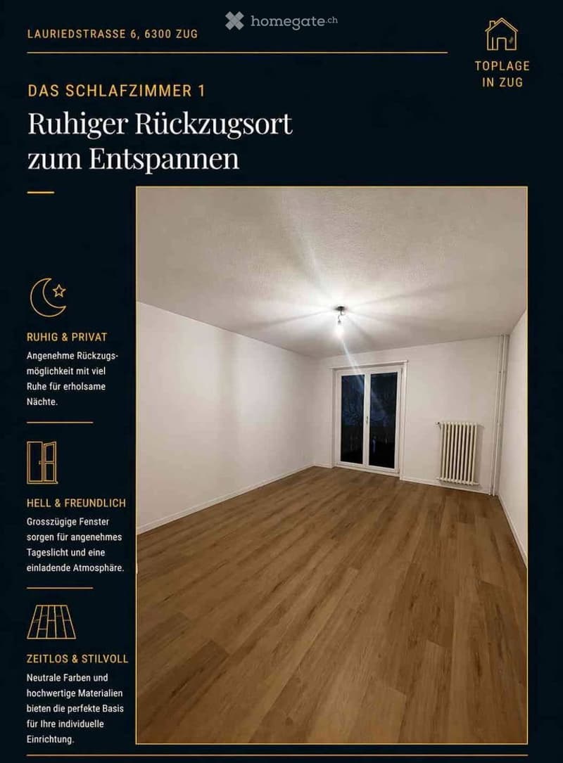 Empty bedroom with wooden flooring, white walls, large window, and radiator.