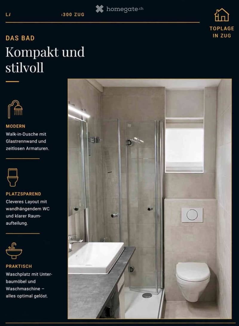 Modern bathroom with a walk-in shower, sink, and toilet. Features a glass partition and sleek design.