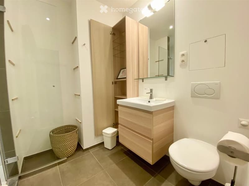 Modern bathroom with a white sink, toilet, mirror, wooden cabinet, wicker basket, and a small trash bin. The space is clean and well-lit with neutral tones.