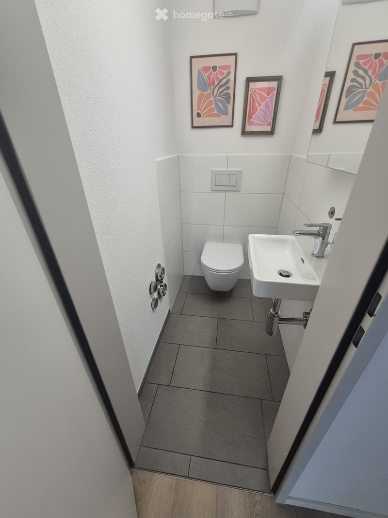 Modern bathroom with white tiles, a toilet, a sink with a modern faucet, and decorative wall art.