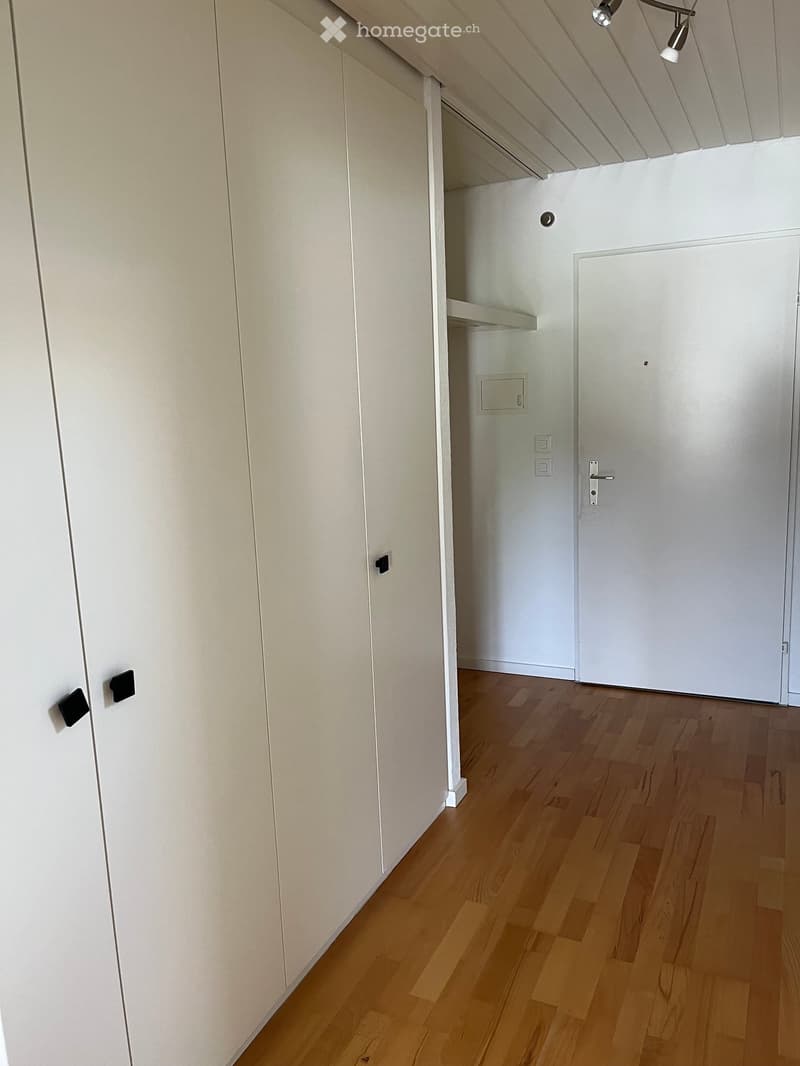 Empty hallway with light wooden flooring, white walls, and a closed white door at the end.