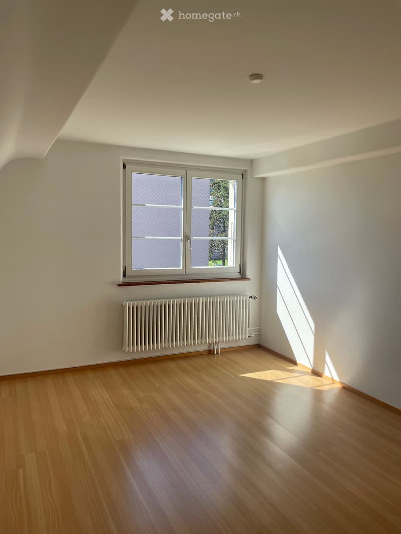 Empty room with wooden flooring, white walls, a window with a radiator below, and a ceiling light fixture.
