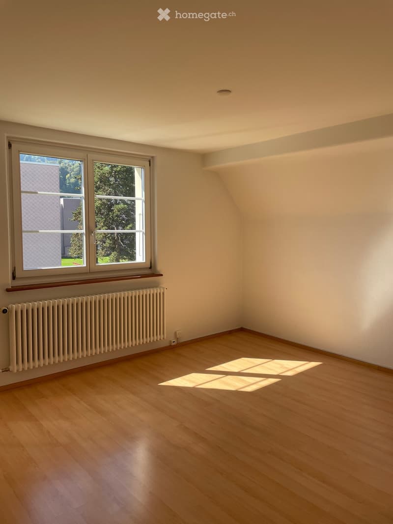 Empty room with wooden flooring, white walls, large windows, radiator, and visible sunlight patches on the floor.