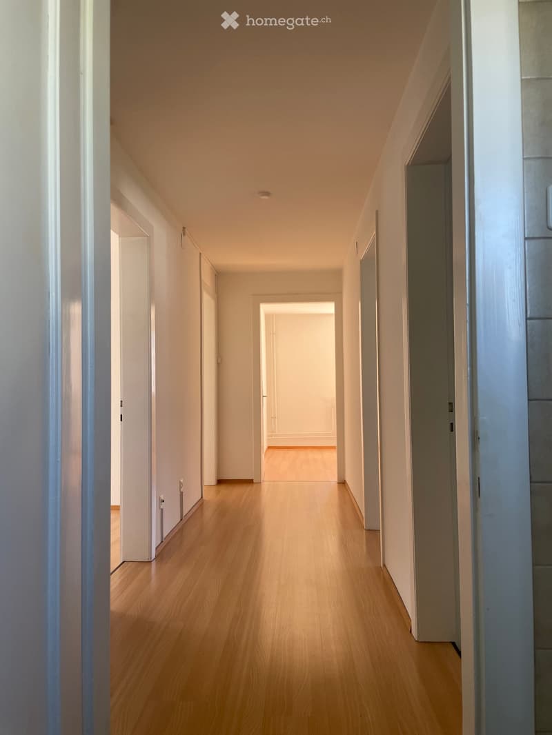 Empty hallway with wooden flooring, white walls, and several doors leading to other rooms.