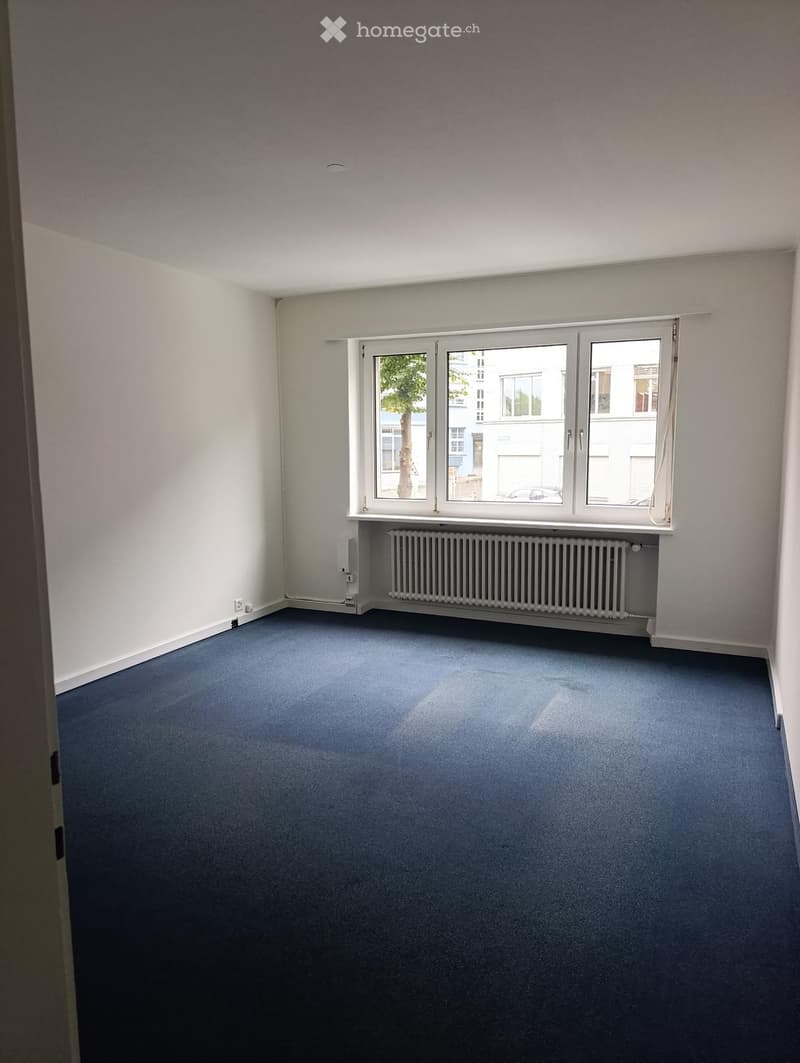 Empty room with light grey walls, blue carpet, large window with white frame, radiator below window, and visible electrical outlets on walls.