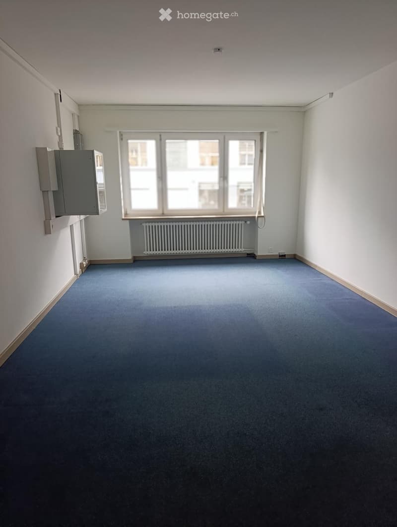 Empty room with blue carpet, white walls, and a window with a radiator below it. No furniture or equipment is present.