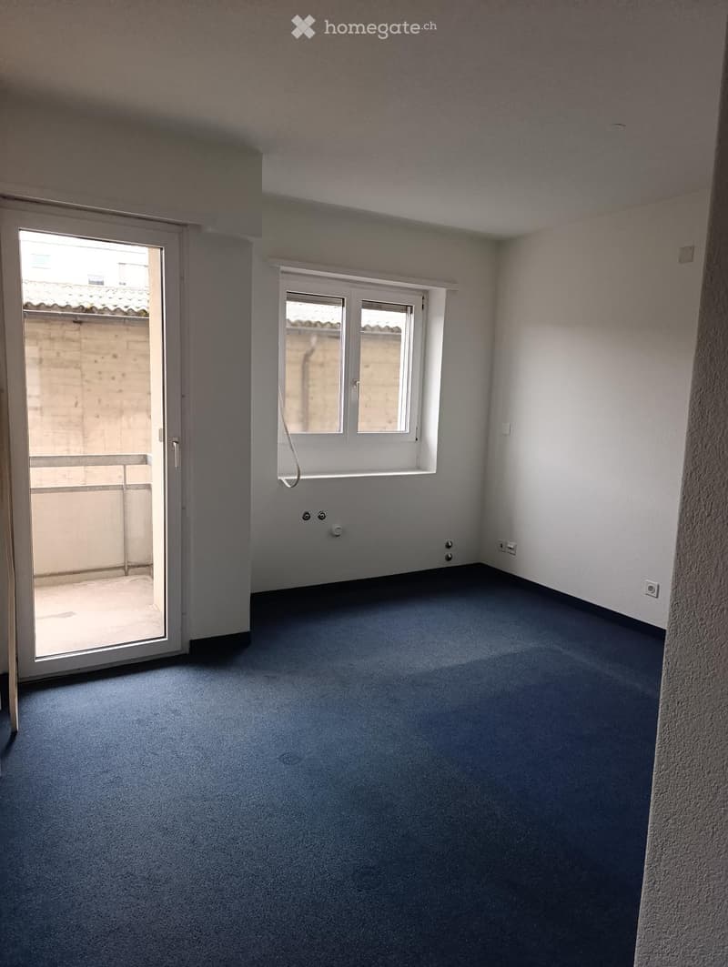Empty room with grey carpet, white walls, and two windows, one of which is a sliding glass door leading to a balcony.