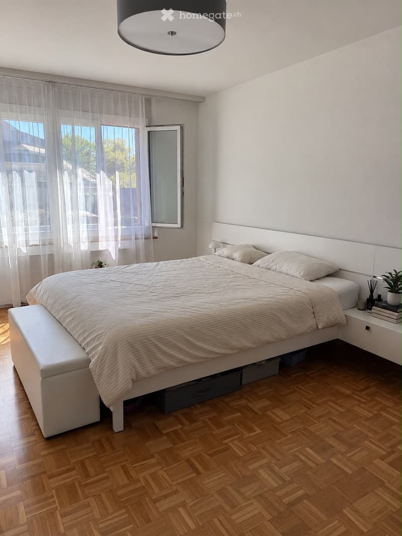Modern bedroom with a large bed, white bedding, a bench at the foot of the bed, a nightstand with a lamp, and a potted plant on the nightstand. The room features wooden flooring and large windows with sheer curtains.