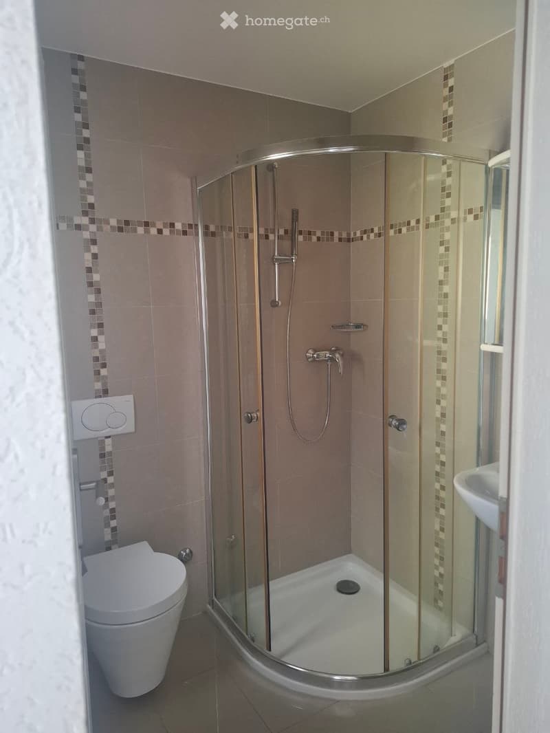 Modern bathroom with a corner shower, toilet, and sink. Features tiled walls with decorative mosaic borders and a glass shower enclosure.