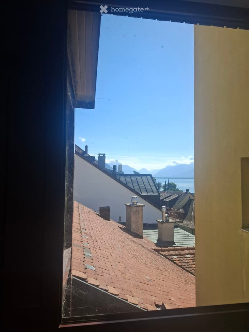 View from a window showing red-tiled rooftops, chimneys, and distant mountains and lake under a clear blue sky.