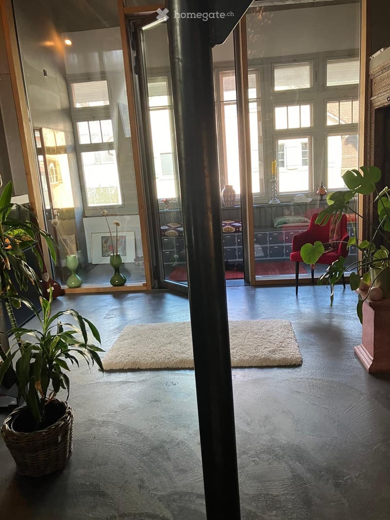 Open-plan living space with dark grey concrete floors, large windows, and glass doors leading to another room. Features include a red chair, a small table with a vase, potted plants, and white rugs.