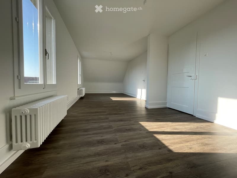 Empty attic room with wooden flooring, white walls, large windows, and radiators along the walls.