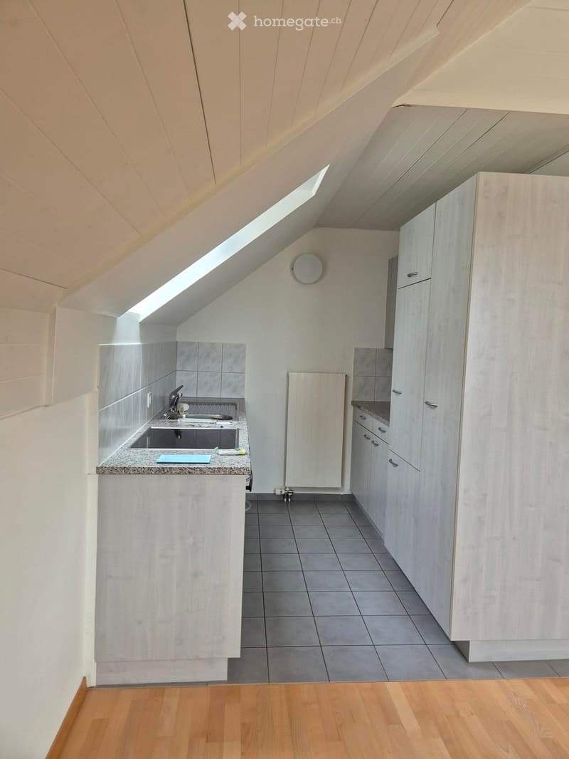 Modern kitchen with white cabinets, granite countertop, sink, and tiled backsplash. The room features wooden flooring and a skylight window providing natural light.