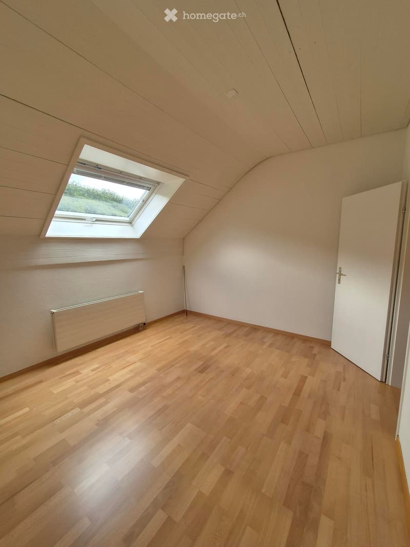 Empty attic room with wooden flooring, white walls, and a skylight window. The room features a radiator and a door leading to another area.