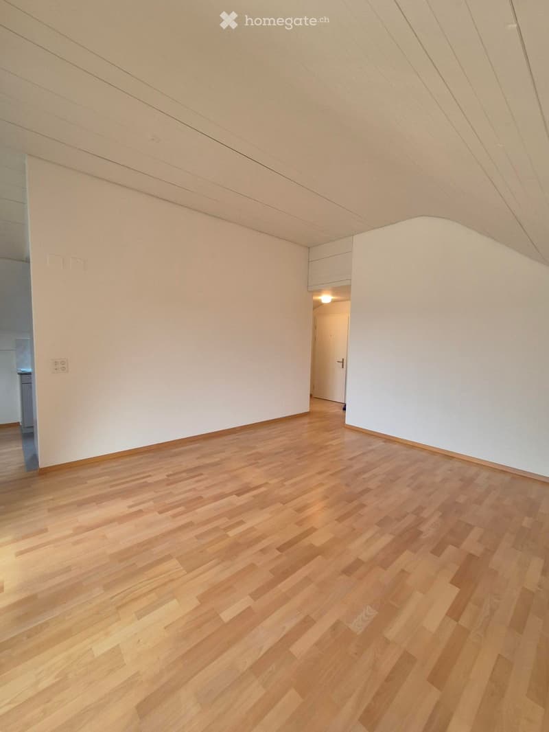 Empty room with light wooden flooring and white walls, featuring a slanted ceiling and a doorway leading to another space.