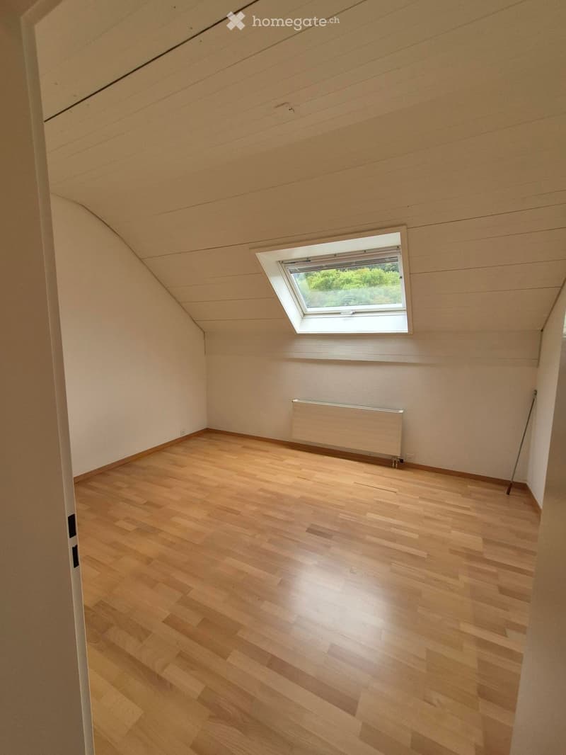 Empty attic room with wooden flooring, white walls, and a skylight window. No furniture or equipment present.