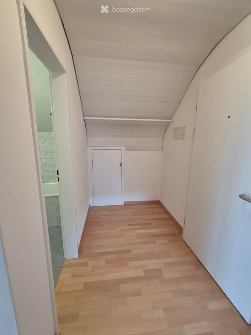 Empty hallway with wooden flooring, white walls, and a built-in closet with a sliding door. A partially visible bathroom is seen to the left.