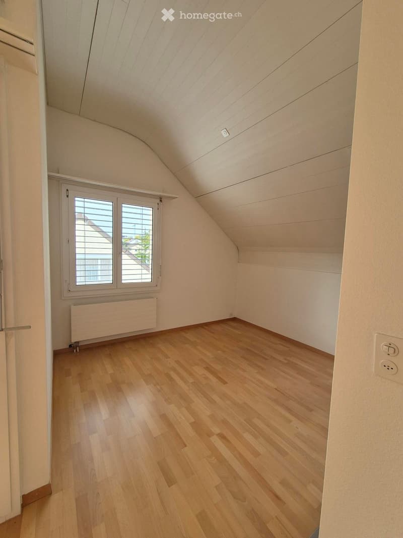 Empty attic room with wooden flooring, white walls, and a skylight window. No furniture or equipment present.