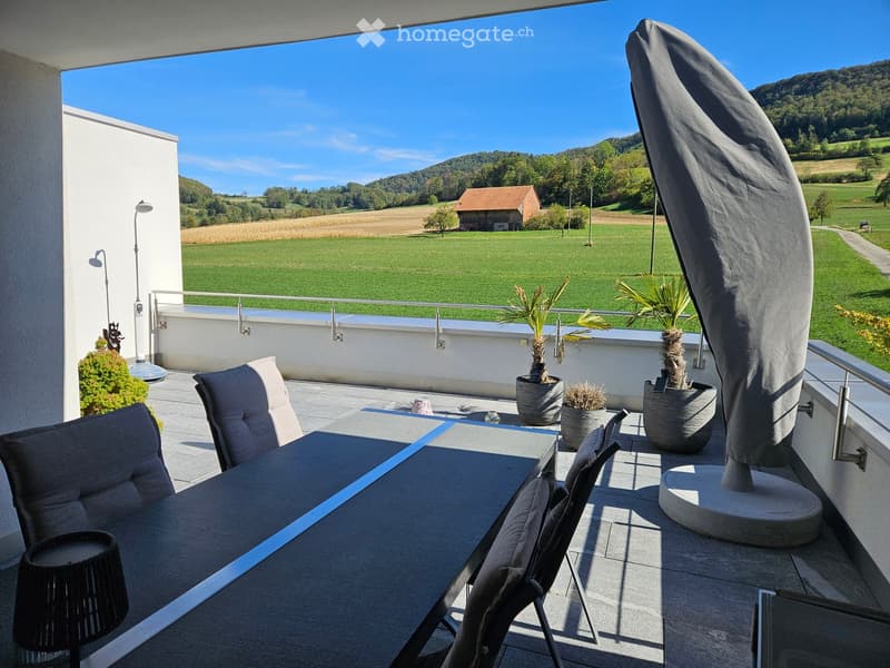 Balcony with a table, chairs, umbrella, and potted plants, overlooking a scenic countryside view.