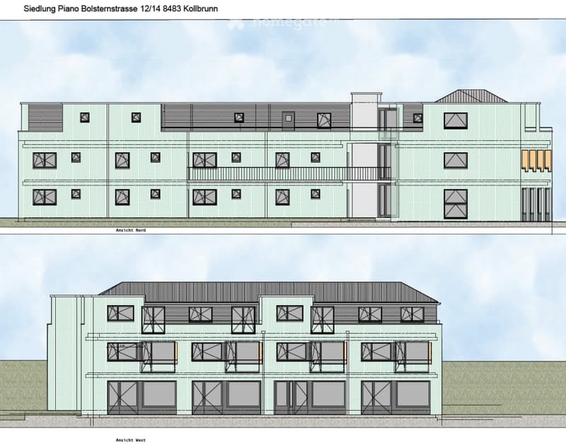 Two storey apartment building with three units per floor, each unit with balcony, ground floor with large windows