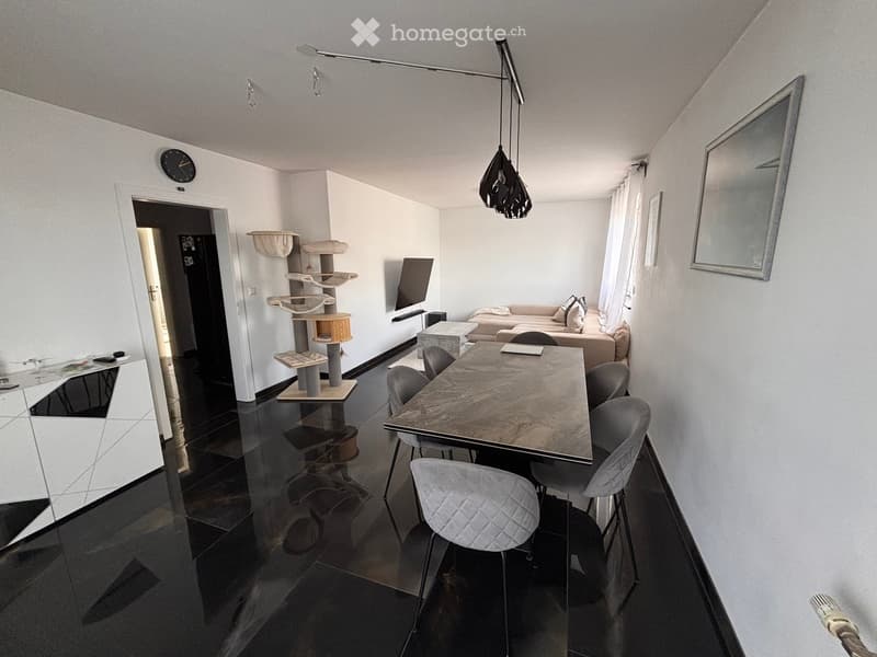 Modern living and dining area with a sofa, dining table, chairs, a cat tree, a large mirror, and a wall-mounted screen.