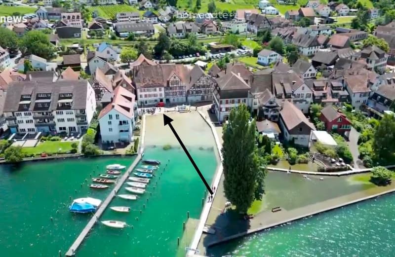 Aerial view of a residential area with multiple houses, a canal, and a dock with several boats. The canal is surrounded by greenery and trees, and the houses have varied architectural styles and colors.