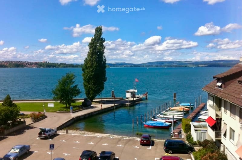View of a lakeside area with a dock, several boats, parked cars, and a clear view of the lake and distant hills.