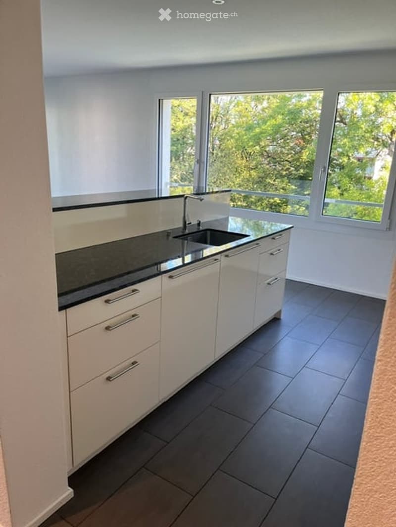 Modern kitchen with white cabinets, black countertops, and a stainless steel sink. Large windows provide natural light and a view of greenery outside.