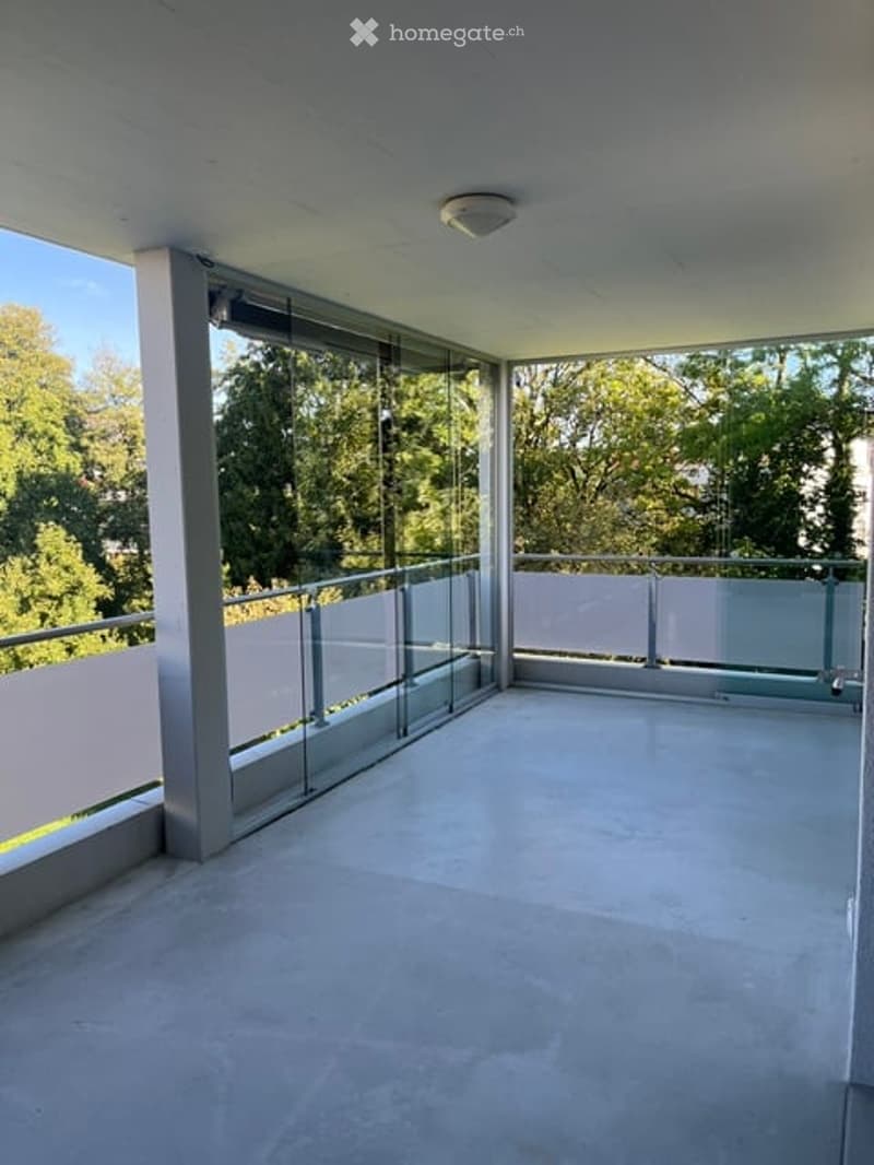 Modern balcony with large glass panels, metal railing, and a view of green trees.