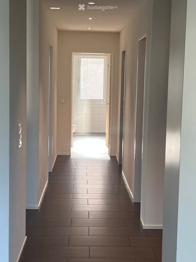 A long, narrow hallway with dark wooden flooring and white walls, leading to a bright doorway at the end.